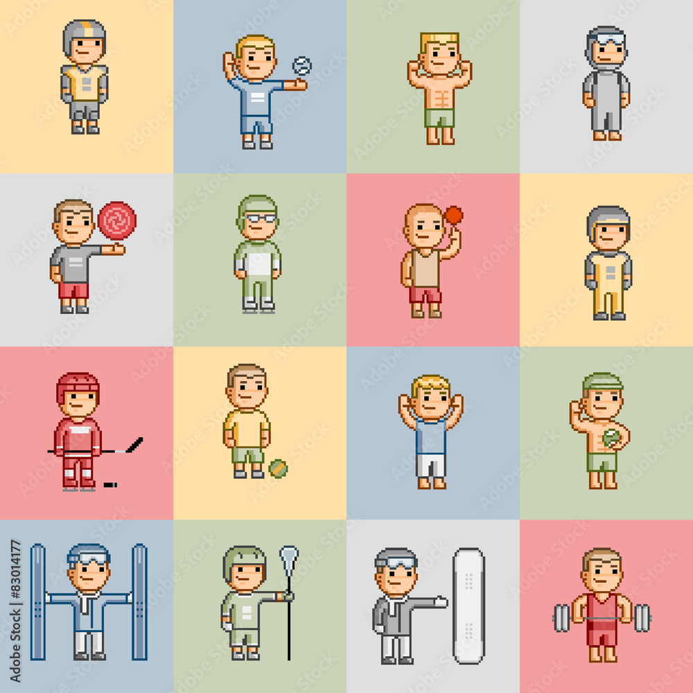 Pixel multicolored background Funny athletes Pixel multicolored background Funny athletes