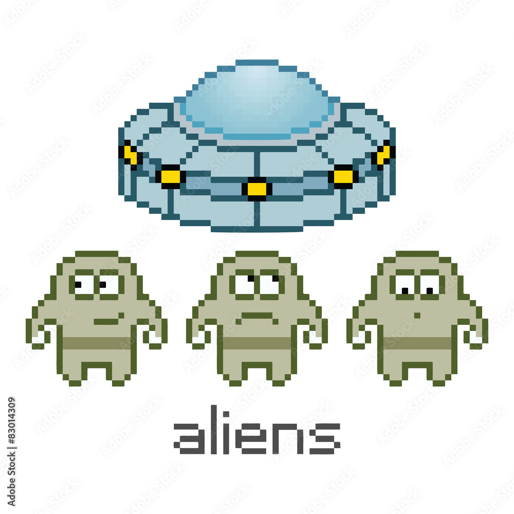 Vector pixel cute aliens and UFO Vector pixel cute aliens and UFO