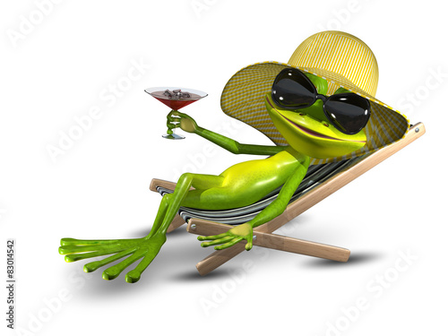 Frog in a hat on a deck chair with a glass