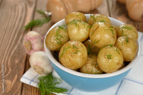 Potatoes in a blue bowl
