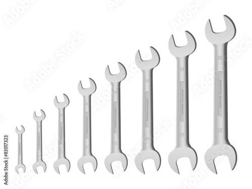 8 chrome metric spanners (wrench) isolated on white background