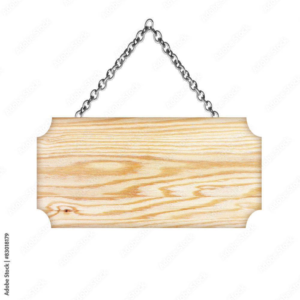 Wooden sign hanging on a chain isolated on white background Wooden sign hanging on a chain isolated on white background