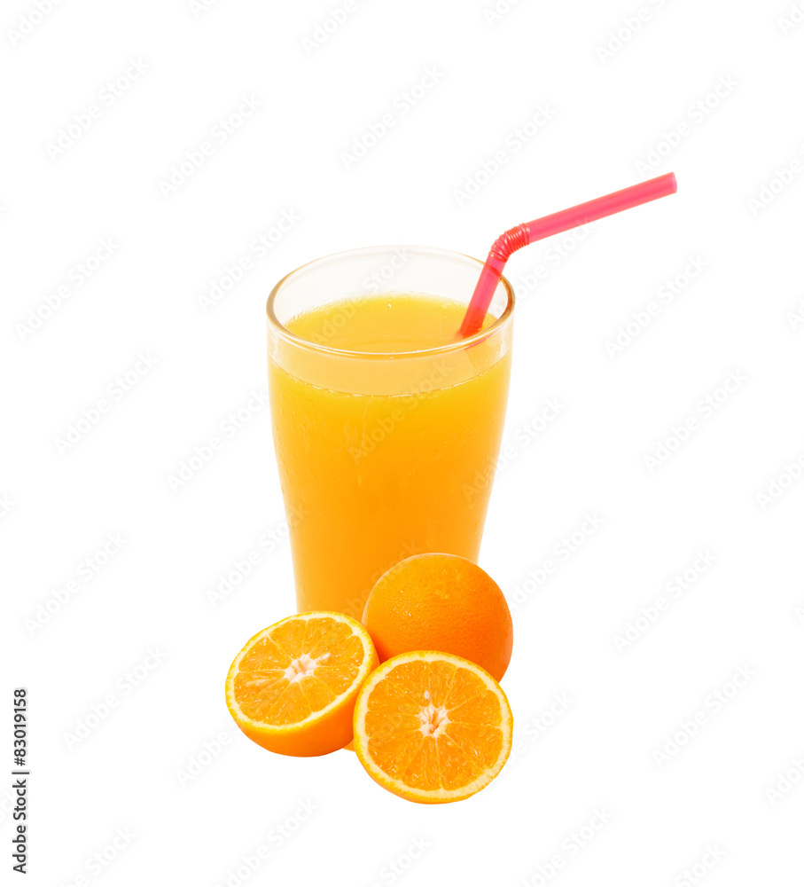 Orange juice and slices of orange isolated on white Orange juice and slices of orange isolated on white