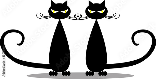 Couple cats sitting together, silhouette of  two black  cats.