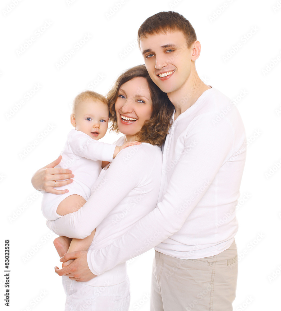 Happy young family with open smiles on a white background Happy young family with open smiles on a white background