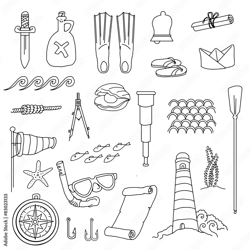 Random Sea, ocean items, objects hand drawn set Stock Vector
