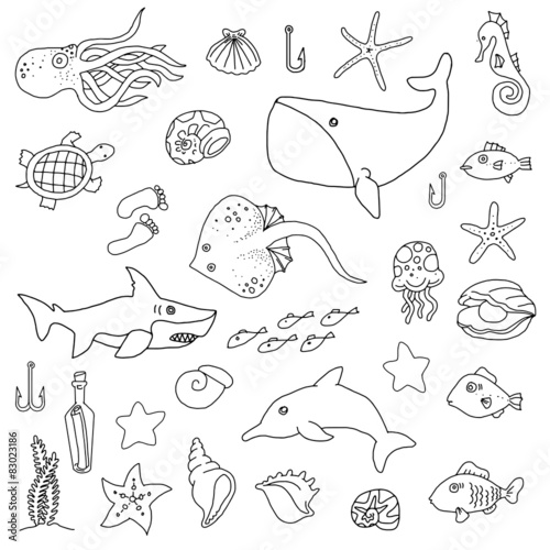 Sea animal hand drawn set