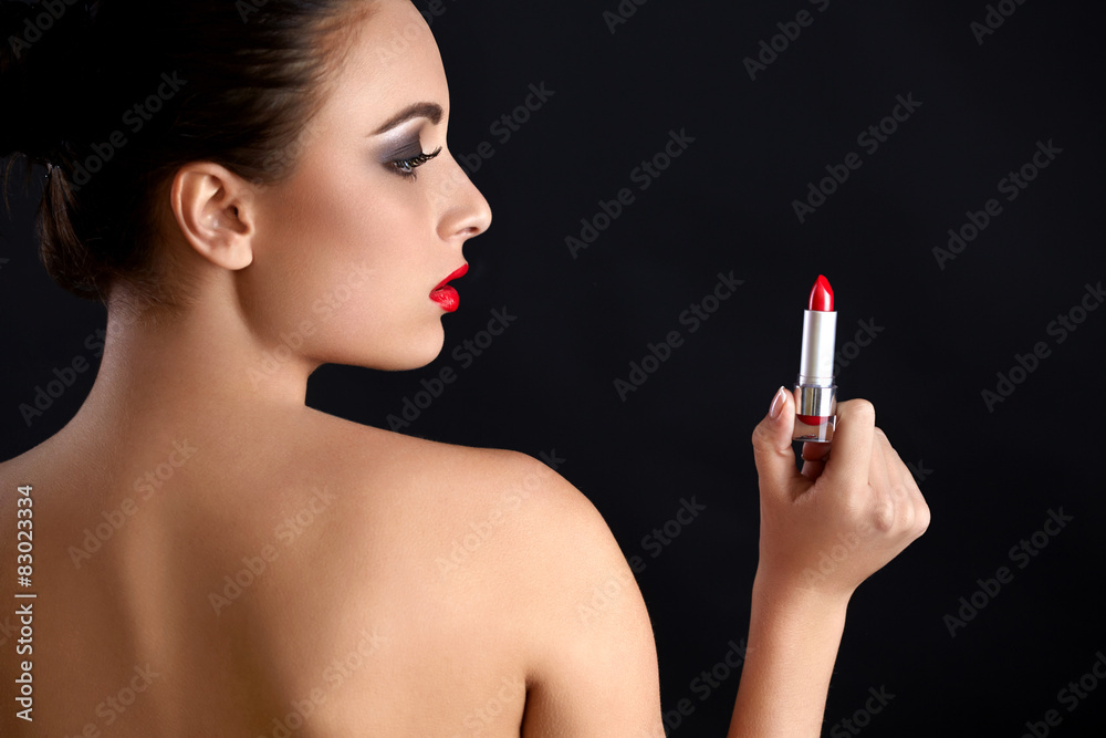 Fototapeta premium Portrait of Beautiful Woman With Red Lipstick. Red Lips