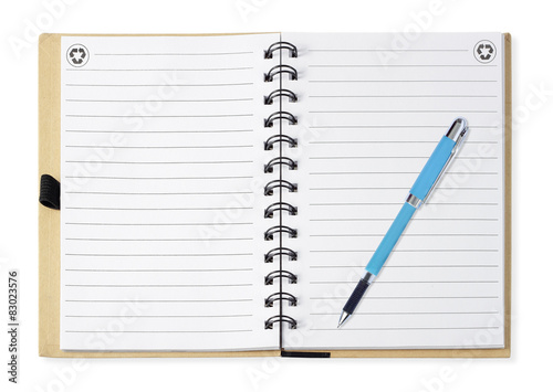 Note book with blue pen, isolated on white