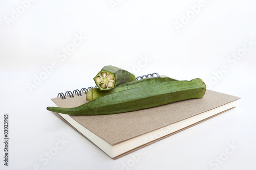 Green lady's finger vegetable on notebook  photo