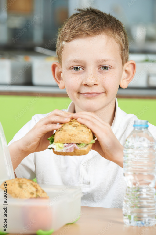 Pupil Sitting In School Cafeteria Eating Healthy Packed Lunch Pupil Sitting In School Cafeteria Eating Healthy Packed Lunch
