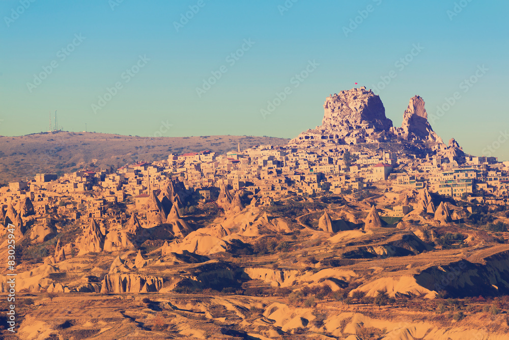 Turkish fortress Uchisar, landscape in Cappadocia, Turkey