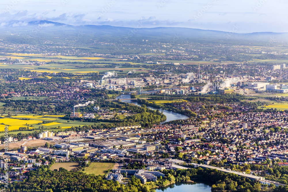 aerial of farmland and industry plant of Frankfurt Hoechst, Germ