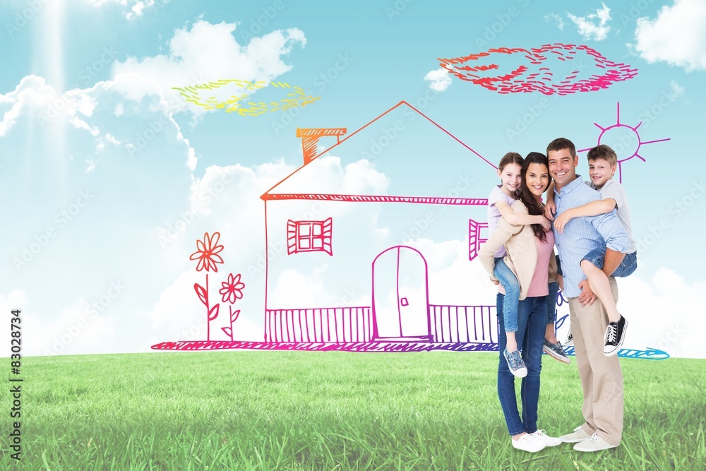 Composite image of parents giving piggyback ride to children ove Composite image of parents giving piggyback ride to children ove