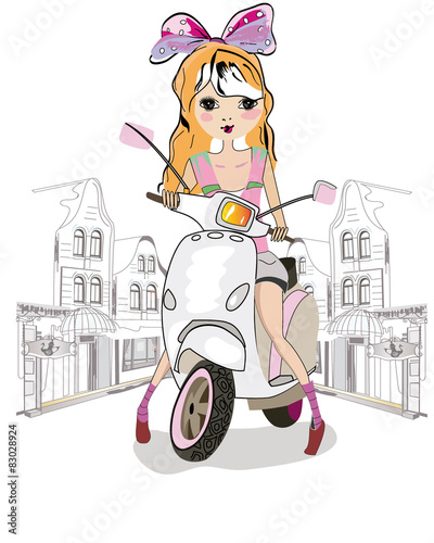 Sketch of a fashion little girl on the scooter at the street