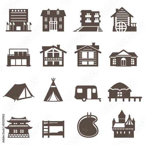 icon hotel, house, camping. accommodation options.