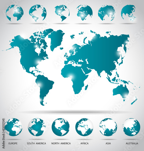 Modern globes and world map, vector illustration.