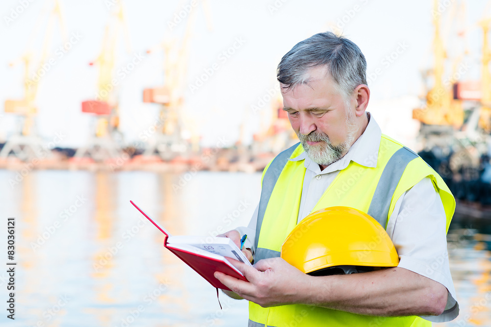 Engineer at a construction site in the port