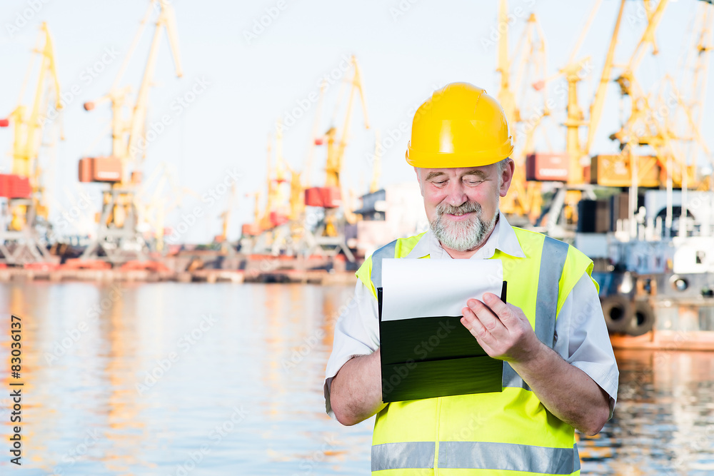 Engineer at a construction site in the port Engineer at a construction site in the port