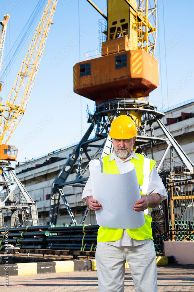 Engineer at a construction site in the port