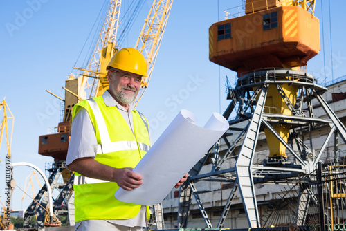 Engineer at a construction site in the port