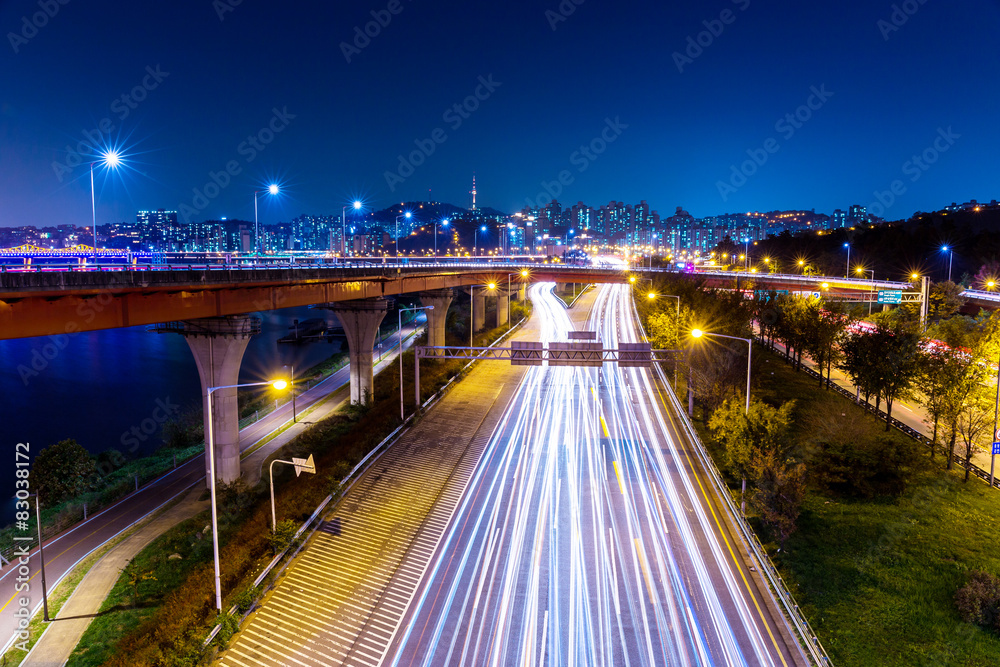 Light trails from vehicles on motorway at night seoul