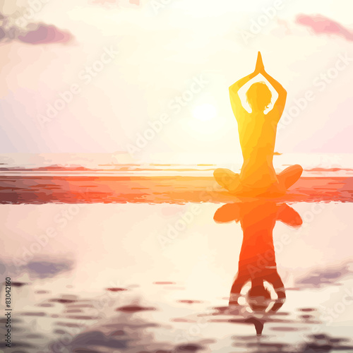 Vector illustration of yoga woman on sea sunset.