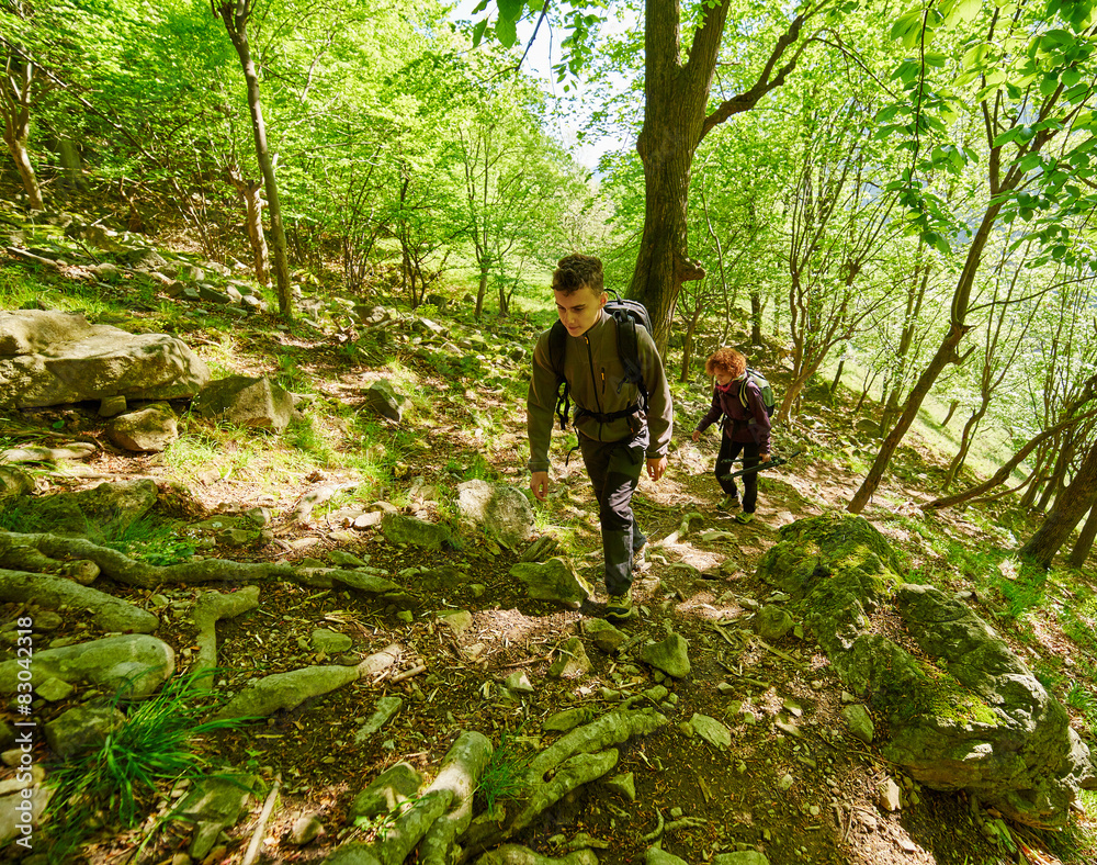 Family of hikers walking on a mountain trail Family of hikers walking on a mountain trail