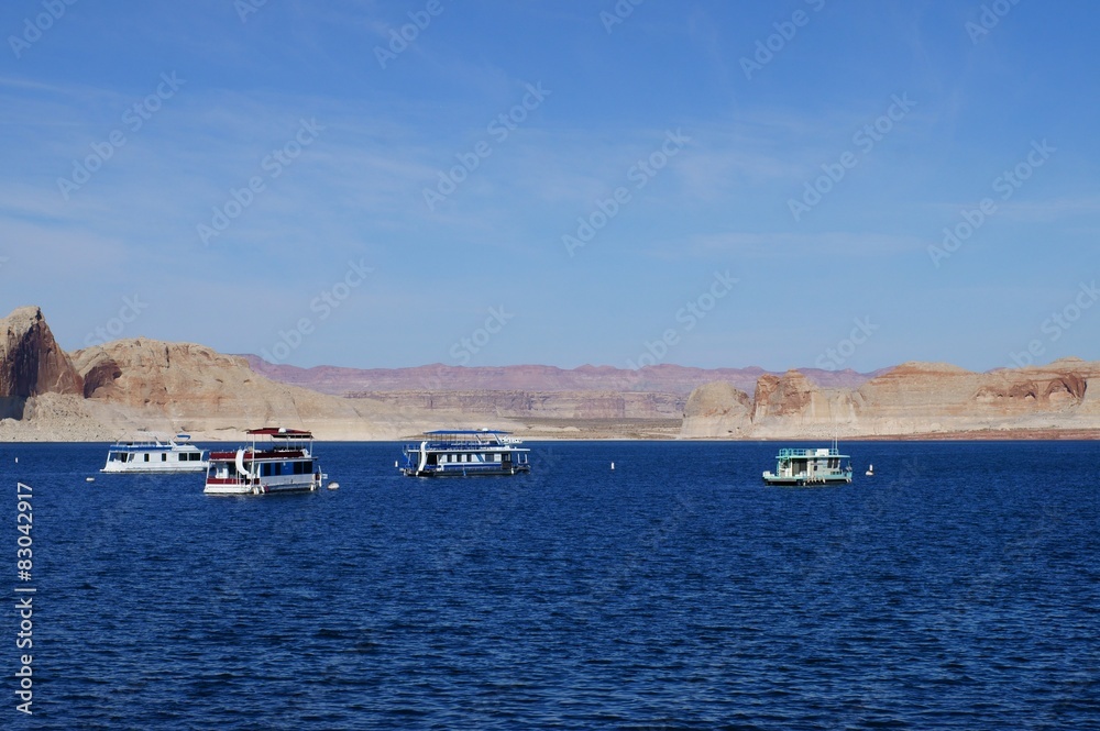 Landscape with boats, Lake Powell, AZ.