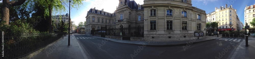 Paris street scene panorama at Marais quarter