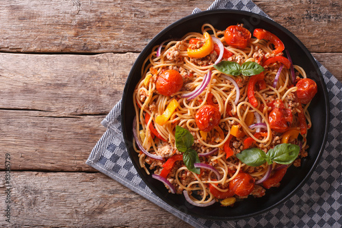 Spaghetti with minced and vegetables. horizontal top view  