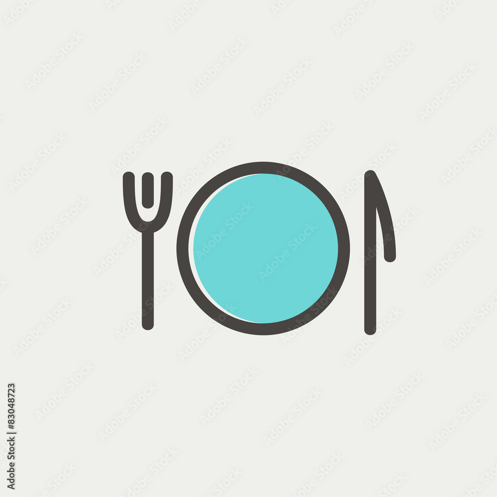 Plate, knife and fork thin line icon Plate, knife and fork thin line icon