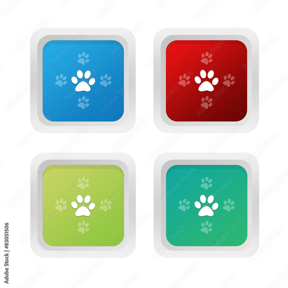 Set of squared colorful buttons with pet footprints symbol Set of squared colorful buttons with pet footprints symbol