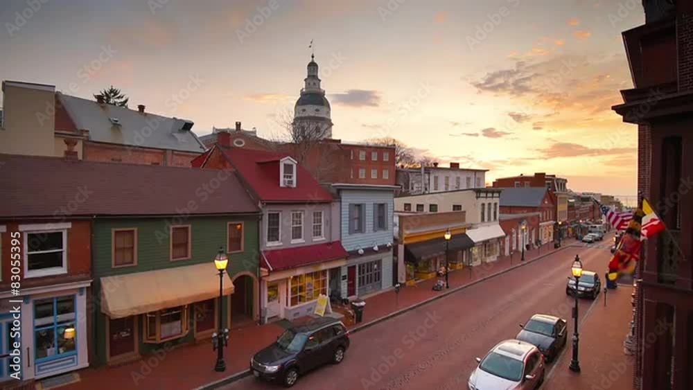 Annapolis, Maryland, USA cityscape over Main St. in the morning.