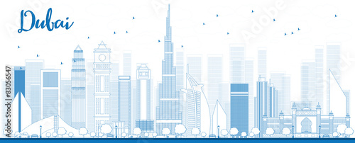 Outline Dubai City skyline with blue skyscrapers
