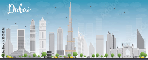 Photography Dubai City skyline with grey skyscrapers and blue sky