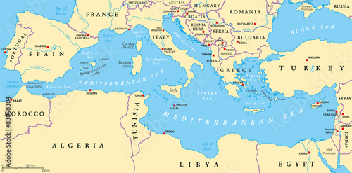 Tableau sur toile Mediterranean Sea Region Political Map