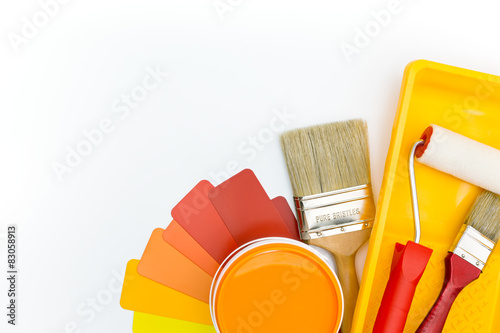 Fototapeta Naklejka Na Ścianę i Meble -  color palette with paint tools and accessories