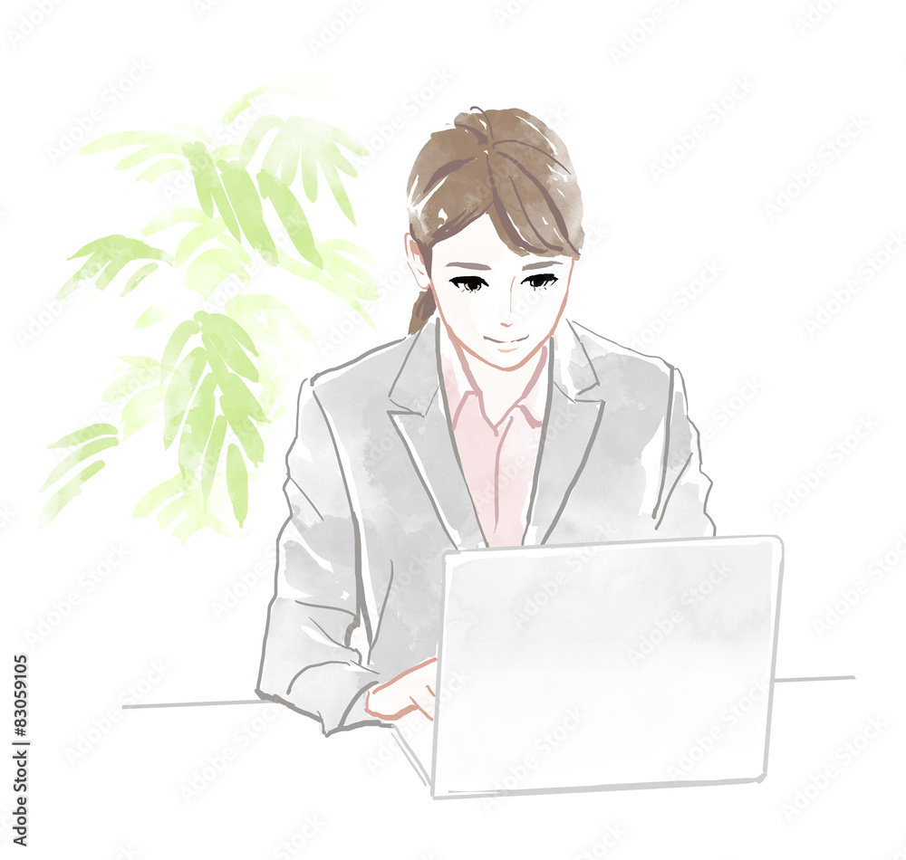 パソコンに向かう女性 Stock イラスト Adobe Stock