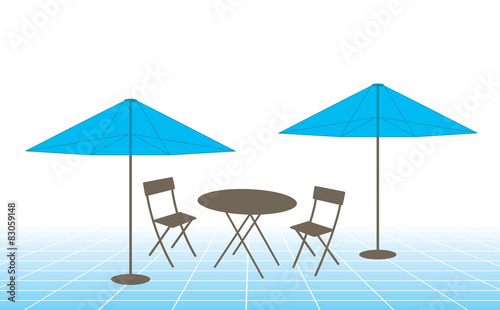 Outdoor table, chairs and umbrellas