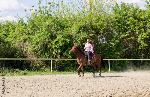 Beautiful girl riding a purebred horse