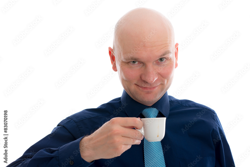young man with bald head drinking espresso