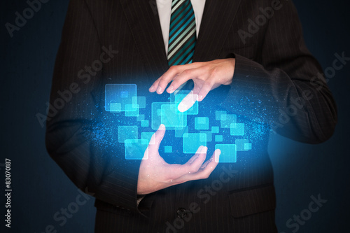 man holding abstract icons