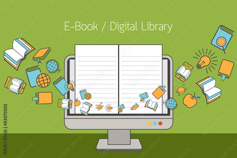 Computer Monitor and Linear Icons with E-Book Concept Computer Monitor and Linear Icons with E-Book Concept