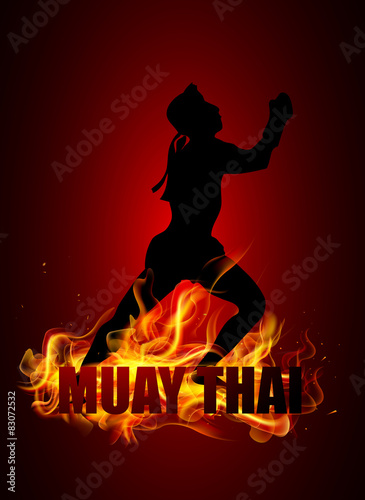 Thai boxer is standing in postures with muay thai fire typo  photo