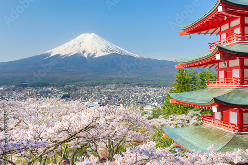 Red pagoda with Mt. Fuji as the background