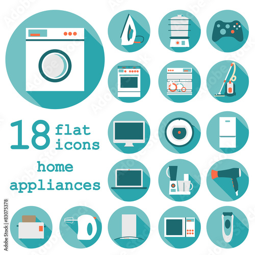 Set flat design icons of home appliances with long shadow.