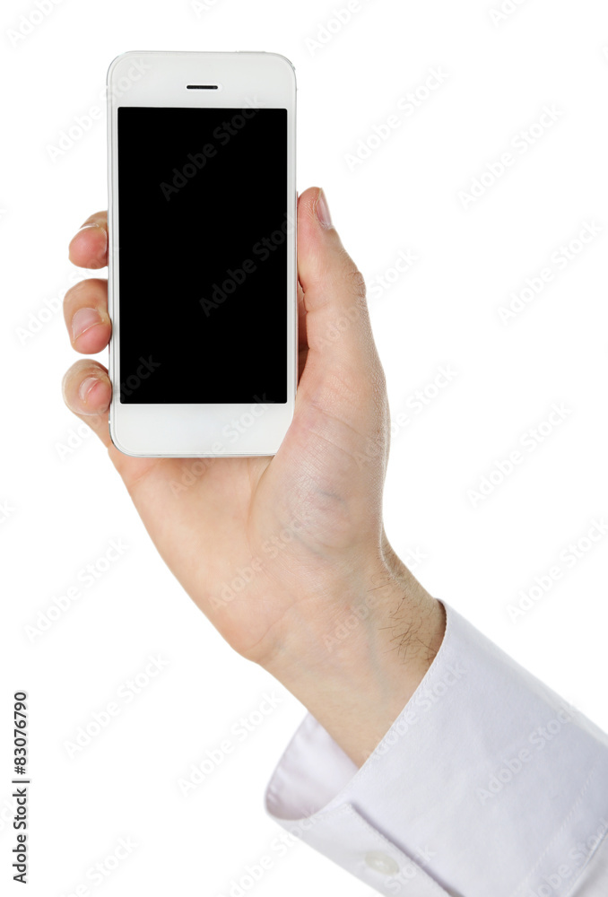 Hand holding mobile smart phone isolated on white Hand holding mobile smart phone isolated on white
