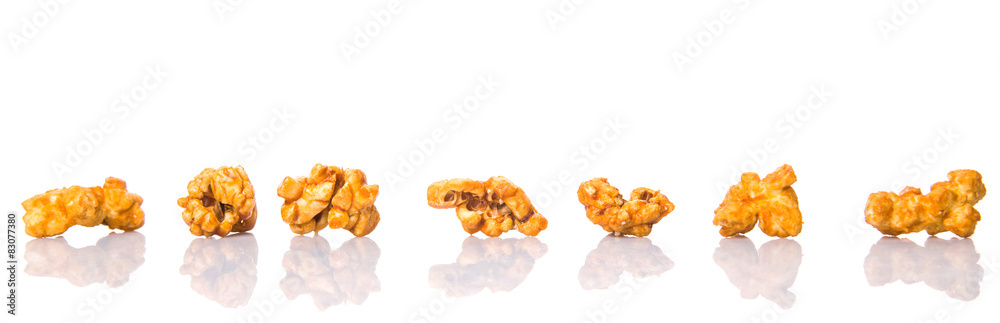 Caramel popcorn over white background