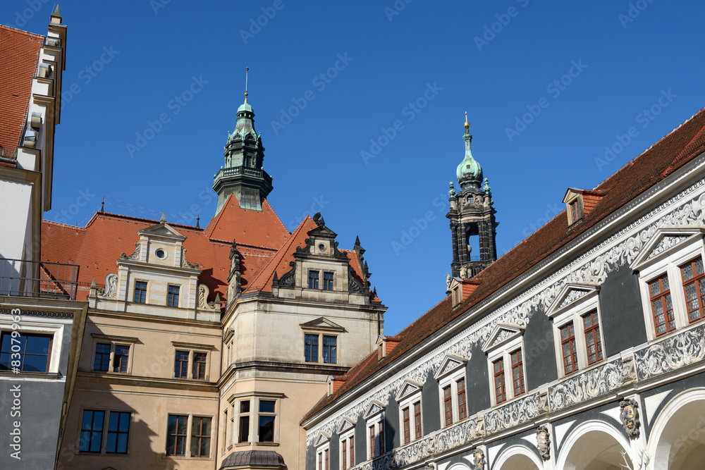 View from Stallhof toward roof of George Gate, Dresden, Germany.